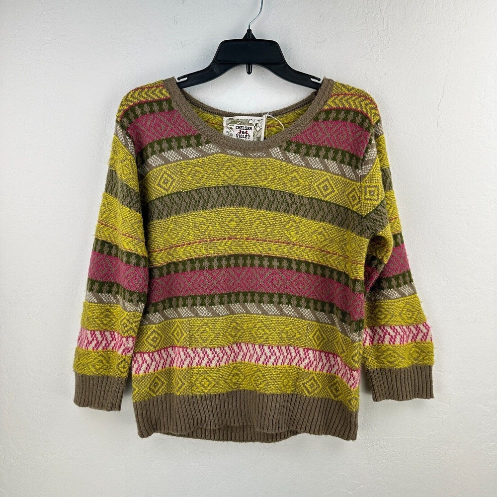 Chelsea & Violet Sweater Womens Large Green Pink Geometric Boho Long Sleeve Cozy